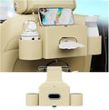 Seat Back Organizer, Full Leather Cover Tissue Case Headrest Storage Box with 2 Cup Holders and Hook Multi-functional Durable Back Seat Storage Tool for Family Travel and Kids Care Beige