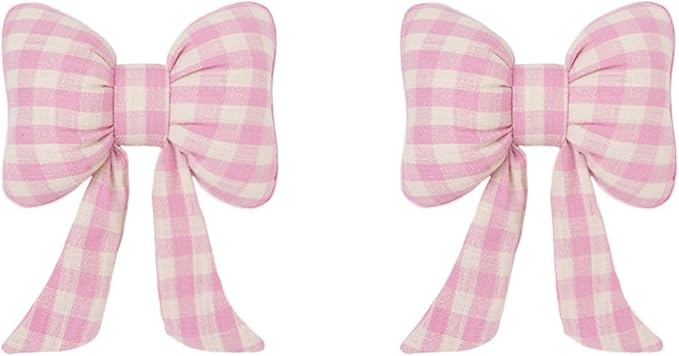 Car Accessories Plaid Bow Headrest Lumbar Pillow 4PCs Set Cotton Linen Elegant Soft Car Seat Cushions for Daily Commuting Trave (Pink Plaid,Headrest 2pcs)