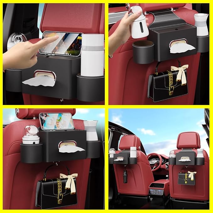 Seat Back Organizer, Full Leather Cover Tissue Case Headrest Storage Box with 2 Cup Holders and Hook Multi-functional Durable Back Seat Storage Tool for Family Travel and Kids Care Black