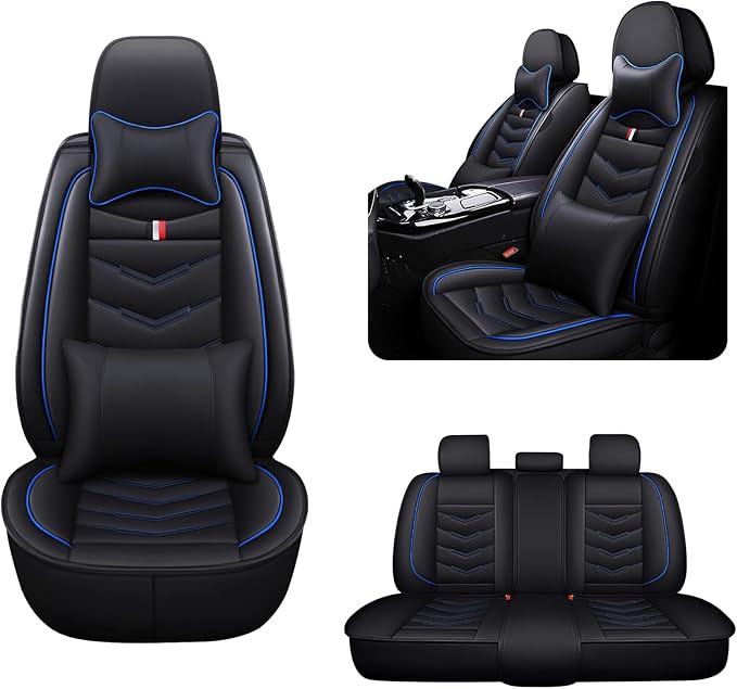 MVRVMV Seat Covers for Ford F-150 2010-2026, Waterproof Leather Auto Seat Cover with 2* Neck Pillow and 2* Lumbar Support (5 Seat Luxury,Black-Blue)