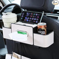 Back Seat Car Organizer, 4-in-1 Multifunctional Storage Box with Cup Holder & Tissue Holder, Premium Leather Adjustable Seat Back Organizer for Phone, Snacks, Purse for SUV Minivan Travel (Beige)
