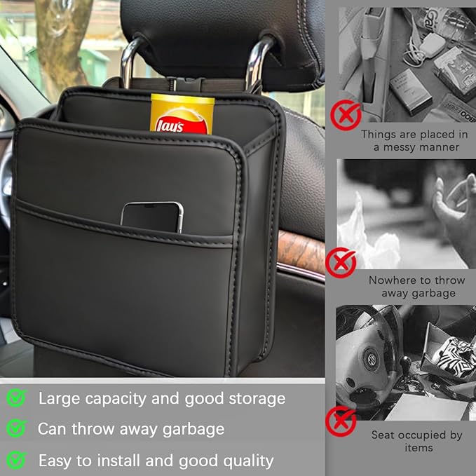 Car Seat Back Organizer, Leather Multipurpose Hanging Vehicle Backseat Headrest Storage Bag, Automotive Pouch Pocket Organizer for Kids & Adults, Universal for Truck SUV Sedan (Brown)