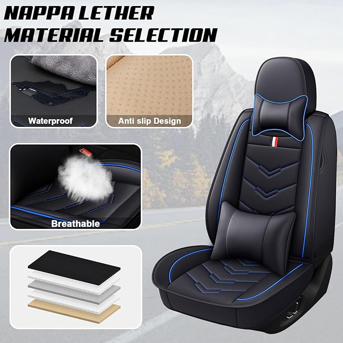 MVRVMV Seat Covers for Ford Ranger 2005-2026, Waterproof Leather Auto Seat Cover with 2* Neck Pillow and 2* Lumbar Support (5 Seat Luxury,Black-Blue)