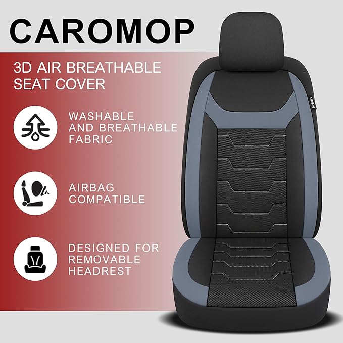 CAROMOP Breathable Car Seat Covers Full Seats,3D Air Mesh Cloth Seat Covers for Cars, Split Bench Compatible Car Interior Covers, Universal Fit Most Car Sedan Truck SUV(Black/Gray)