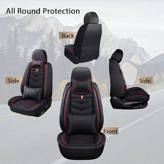 MVRVMV for Ford Maverick 2022-2026 Seat Covers, Waterproof Leather Seat Cover with 2* Neck Pillow and 2* Lumbar Support (2 Seat Luxury,Black-Red)
