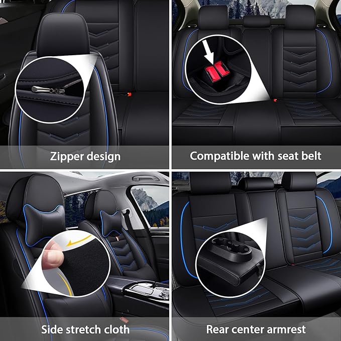 MVRVMV Seat Covers for Ford F-350 2010-2026, Waterproof Leather Auto Seat Cover with 2* Neck Pillow and 2* Lumbar Support (5 Seat Luxury,Black-Blue)