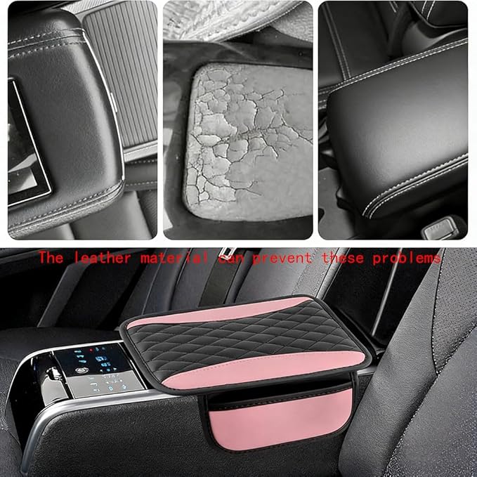 Car Center Console Cover for Jeep Wrangler 1986–2025 2026 YJ/TJ/JK/JL,Leather Armrest Pad with Side Storage Pockets,Waterproof Console Lid Protector,Auto Interior Accessories,Pink