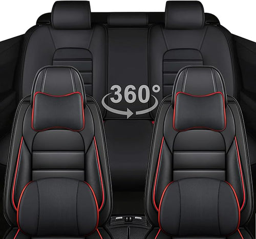 AREKA 5 Car Seat Covers for Honda Civic 2002-2026 Breathable Leather,Waterproof Car Seat Protectors with Comfort Headrest Pillows,Automotive Vehicle Cushion with Storage Pockets (Luxury,Redline)