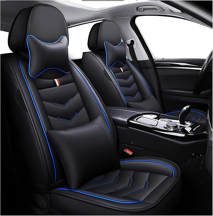 MVRVMV Luxury Car Seat Covers for Honda Pilot 2010-2026, Nappa Leather Auto Seat Cover with 2 Neck Pillows and 2 Lumbar Supports (2 Seat Luxury, Black-Blue)