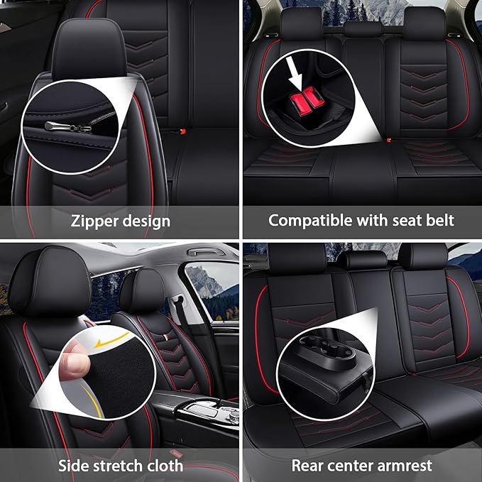 MVRVMV for Ford Edge 2007-2024 Seat Covers, Waterproof Leather Seat Cover (5 Seat Standard,Black-Red)