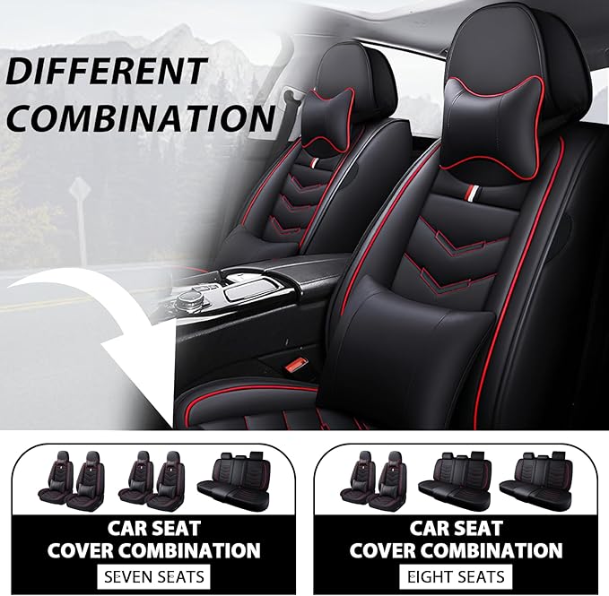 MVRVMV Luxury Car Seat Covers for Honda Pilot 2010-2026, Wear-Resistant Front and Rear Seat Cover with 2* Neck Pillow and 2* Lumbar Support (8 Seat Luxury, Black-Red