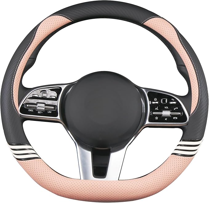 14 inch Cute D Shaped Steering Wheel Cover for Women Men Faux Leather and Carbon Fiber,Black and Pink