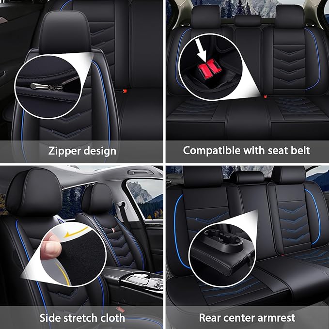 MVRVMV Seat Covers for Ford Mustang 2006-2026, Waterproof Leather Auto Seat Cover (2 Seat Standard,Black-Blue)