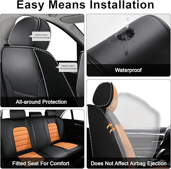 AREKA 5 Car Seat Covers for Honda Civic 2002-2026 Breathable Leather,Waterproof Car Seat Protectors with Comfort Headrest Pillows,Automotive Vehicle Cushion with Storage Pockets (Luxury,Orange)