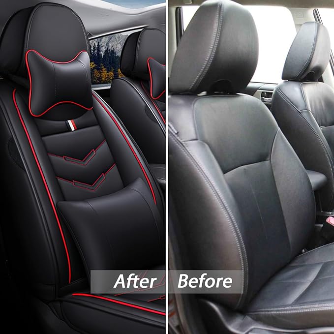 MVRVMV for Ford Ranger 2005-2026 Seat Covers, Waterproof Leather Seat Cover with 2* Neck Pillow and 2* Lumbar Support (5 Seat Luxury,Black-Red)