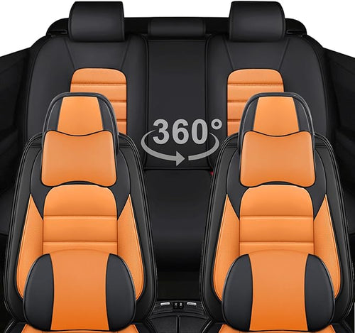 AREKA 5 Car Seat Covers for Honda Civic 2002-2026 Breathable Leather,Waterproof Car Seat Protectors with Comfort Headrest Pillows,Automotive Vehicle Cushion with Storage Pockets (Luxury,Orange)