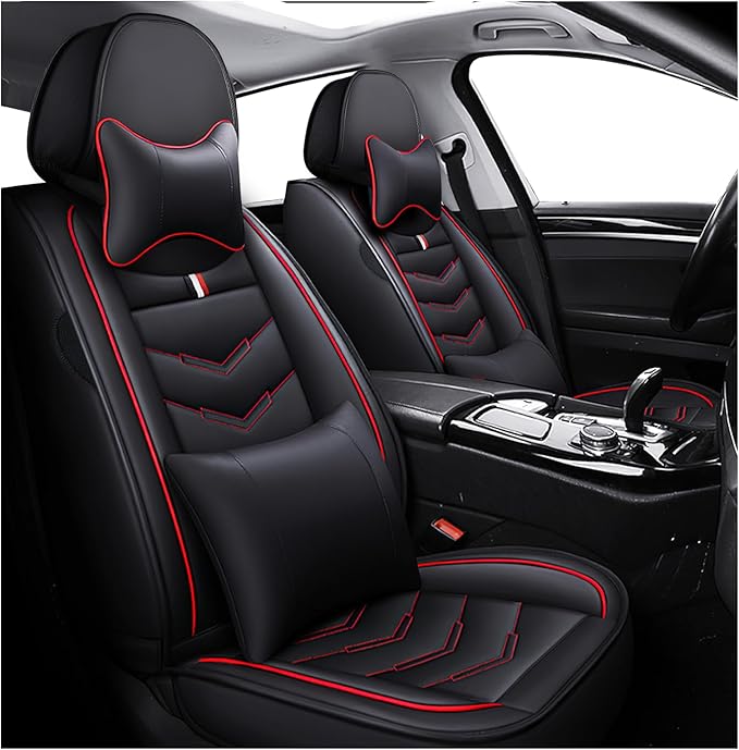 MVRVMV for Ford Ranger 2005-2026 Seat Covers, Waterproof Leather Seat Cover with 2* Neck Pillow and 2* Lumbar Support (2 Seat Luxury,Black-Red)