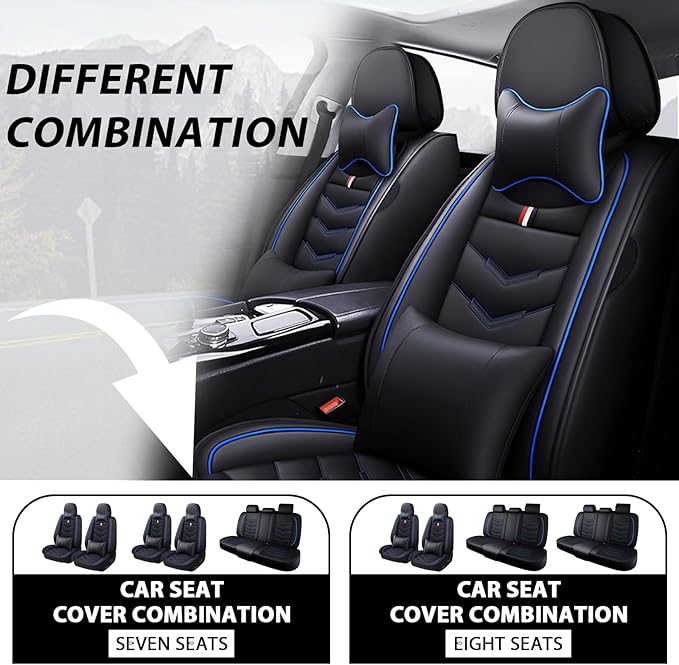MVRVMV Luxury Car Seat Covers for Honda Pilot 2010-2026, Wear-Resistant Front and Rear Seat Cover with 2* Neck Pillow and 2* Lumbar Support (8 Seat Luxury, Black-Blue