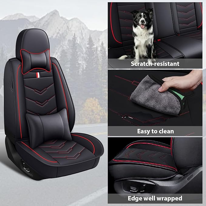 MVRVMV for Ford F-350 2010-2026 Seat Covers, Waterproof Leather Seat Cover with 2* Neck Pillow and 2* Lumbar Support (2 Seat Luxury,Black-Red)