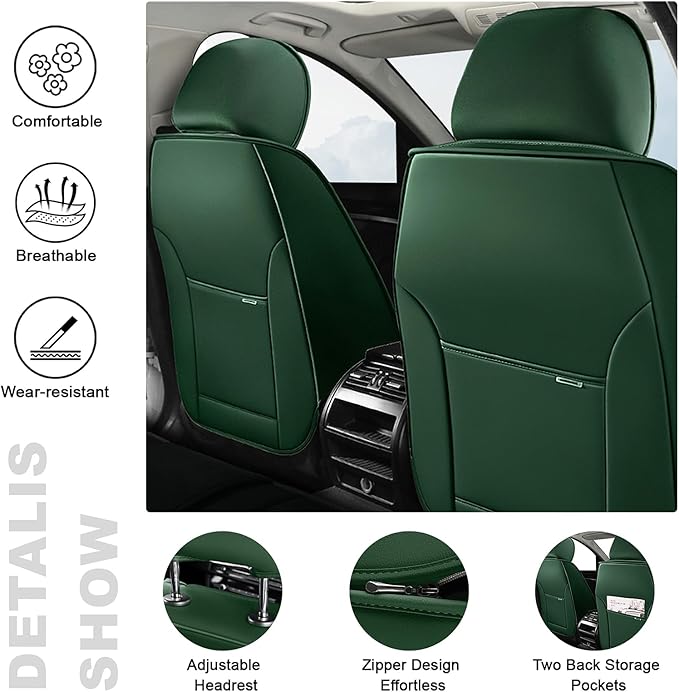 AREKA 2 Car Seat Covers for Honda Accord 2003-2026 Breathable Leather,Waterproof Car Seat Protectors with Comfort Headrest Pillows,Automotive Vehicle Cushion with Storage Pockets (Luxury,Green)