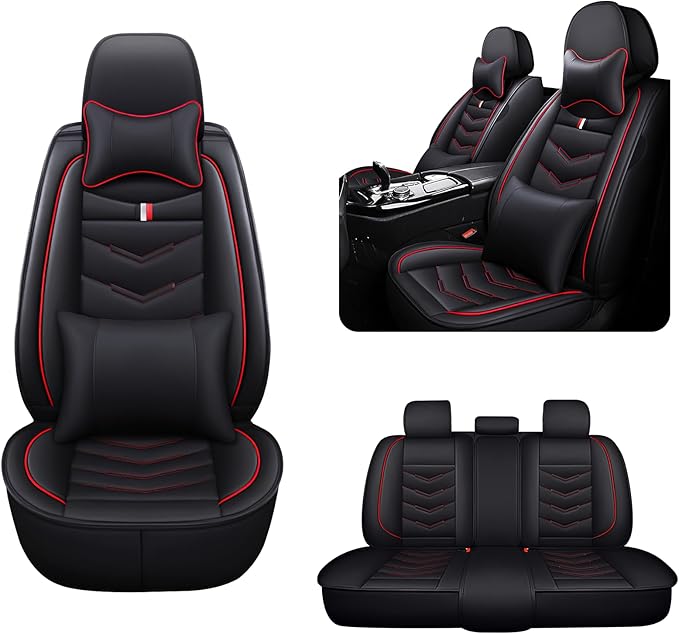 MVRVMV Luxury Car Seat Covers for Honda Pilot 2010-2026, Nappa Leather Auto Seat Cover with 2 Neck Pillows and 2 Lumbar Supports (5 Seat Luxury, Black-Red)