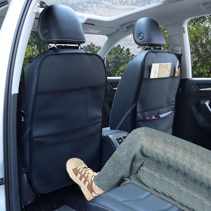 pefirst Kick Mat Back Seat Protector Waterproof Leather Car Seat Back Organizers Cover with 3 Storage Pockets for Kids Pets SUV Sedan Minivan Truck Car Travel Accessories (Black 2-Pack)