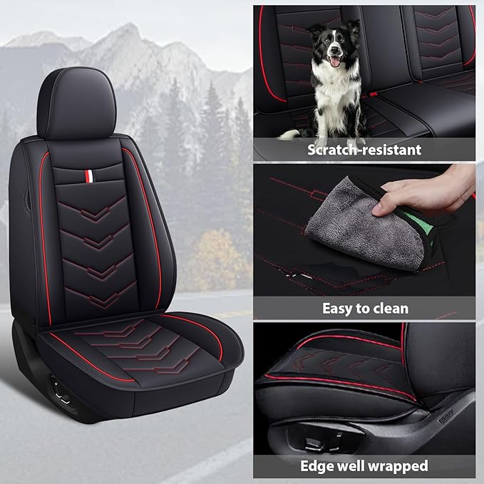 MVRVMV for Ford F-250 2010-2026 Seat Covers, Waterproof Leather Seat Cover (5 Seat Standard,Black-Red)
