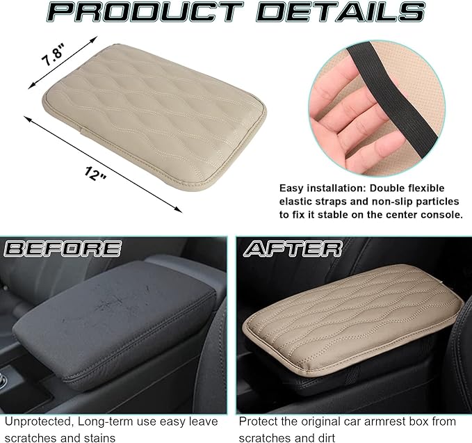 x xotic tech Car Center Console Cushion Pad, Universal Waterproof Leather Armrest Seat Box Cover Protector Auto Interior Accessories for Most Cars, SUV, Truck 7.8" x 12" (Beige)