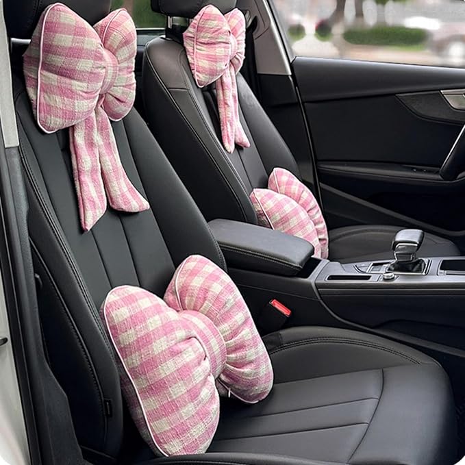Car Accessories Plaid Bow Headrest Lumbar Pillow 4PCs Set Cotton Linen Elegant Soft Car Seat Cushions for Daily Commuting Trave (Pink Plaid,headrest+Lumbar Pillow 2pcs)
