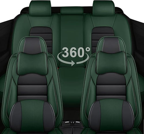 AREKA 5 Car Seat Covers for Honda Civic 2002-2026 Breathable Leather,Waterproof Car Seat Protectors with Comfort Headrest Pillows,Automotive Vehicle Cushion with Storage Pockets (Luxury,Green)