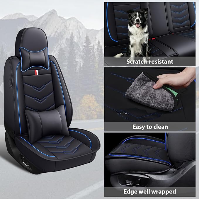 MVRVMV Seat Covers for Ford Bronco Sport 2021-2026, Waterproof Leather Auto Seat Cover with 2* Neck Pillow and 2* Lumbar Support (5 Seat Luxury,Black-Blue)