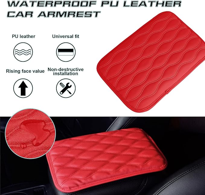 x xotic tech Car Center Console Cushion Pad, Universal Waterproof Leather Armrest Seat Box Cover Protector Auto Interior Accessories for Most Cars, SUV, Truck 7.8" x 12" (Red)