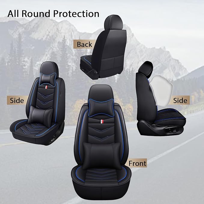 MVRVMV Luxury Car Seat Covers for Ford Explorer 2012-2026, Nappa Leather Auto Seat Cover with 2 Neck Pillows and 2 Lumbar Supports (2 Seat Luxury, Black-Blue)