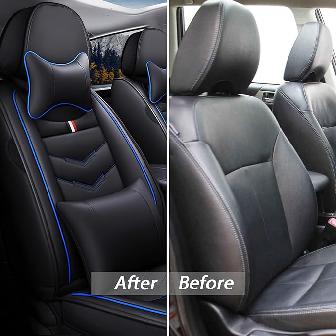 MVRVMV Luxury Car Seat Covers for Ford Explorer 2012-2026, Nappa Leather Auto Seat Cover with 2 Neck Pillows and 2 Lumbar Supports (5 Seat Luxury, Black-Blue)