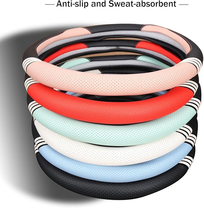 14 inch Cute D Shaped Steering Wheel Cover for Women Men Faux Leather and Carbon Fiber,Black and White