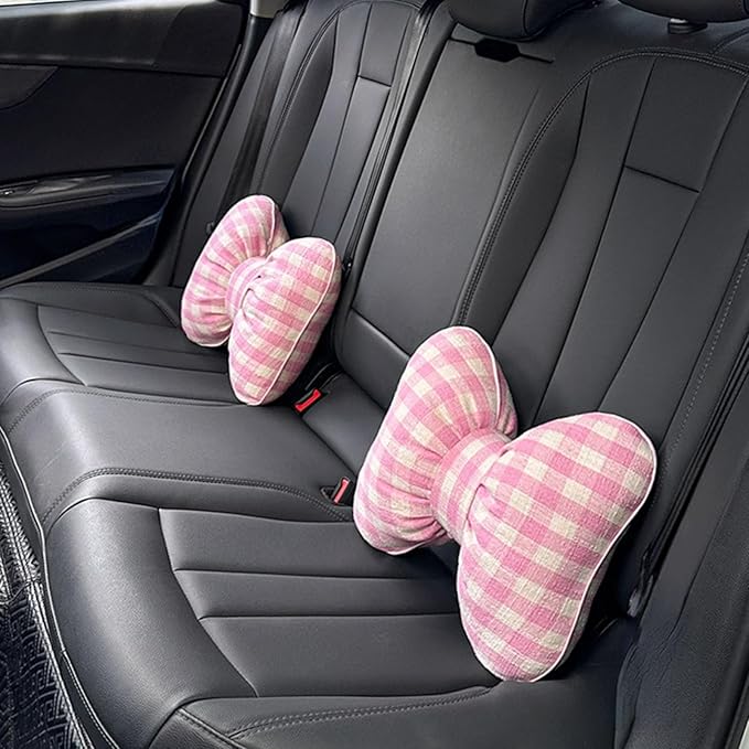 Car Accessories Plaid Bow Headrest Lumbar Pillow 4PCs Set Cotton Linen Elegant Soft Car Seat Cushions for Daily Commuting Trave (Pink Plaid,4pcs)