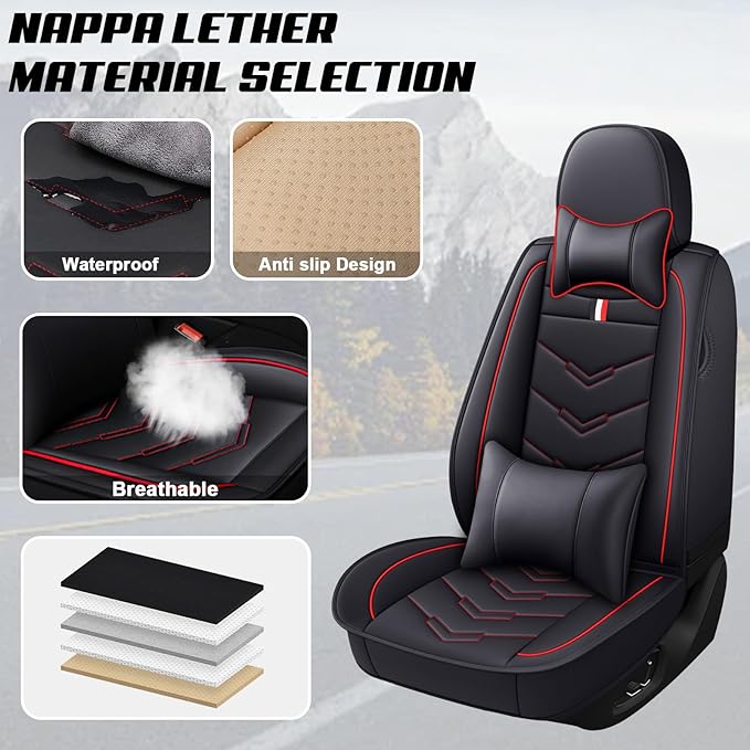 MVRVMV for Ford Escape 2005-2026 Seat Covers, Waterproof Leather Seat Cover with 2* Neck Pillow and 2* Lumbar Support (5 Seat Luxury,Black-Red)