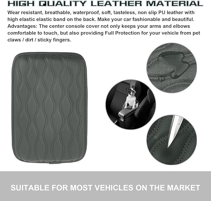 x xotic tech Car Center Console Cushion Pad, Universal Waterproof Leather Armrest Seat Box Cover Protector Auto Interior Accessories for Most Cars, SUV, Truck 7.8" x 12" (Gray)