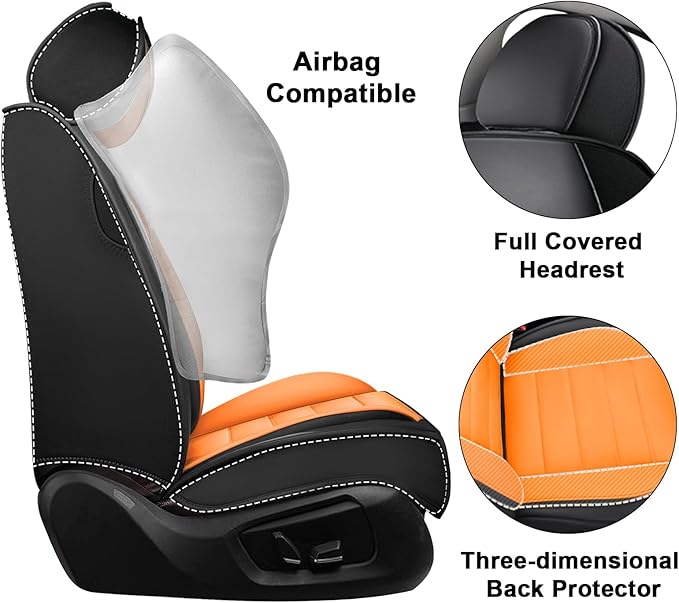 AREKA 2 Car Seat Covers for Honda Civic 2002-2026 Breathable Leather,Waterproof Car Seat Protectors with Comfort Headrest Pillows,Automotive Vehicle Cushion with Storage Pockets (Luxury,Orange)
