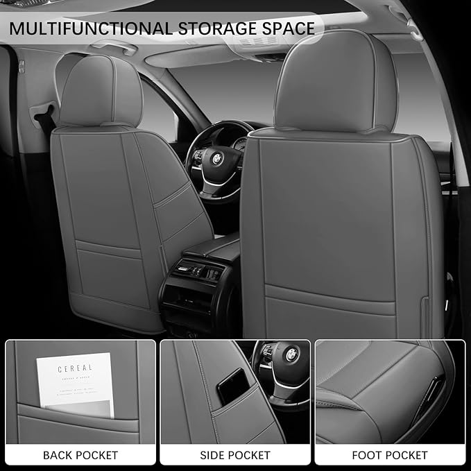 WENNFOUR Car Seat Covers Full Set, Universal Automotive Front and Rear Seat Protector Fit for Cars 5 Seats, Waterproof Breathable Nappa Leather Seat Cushion for Most Vehicles SUV Pick-up Truck, Grey