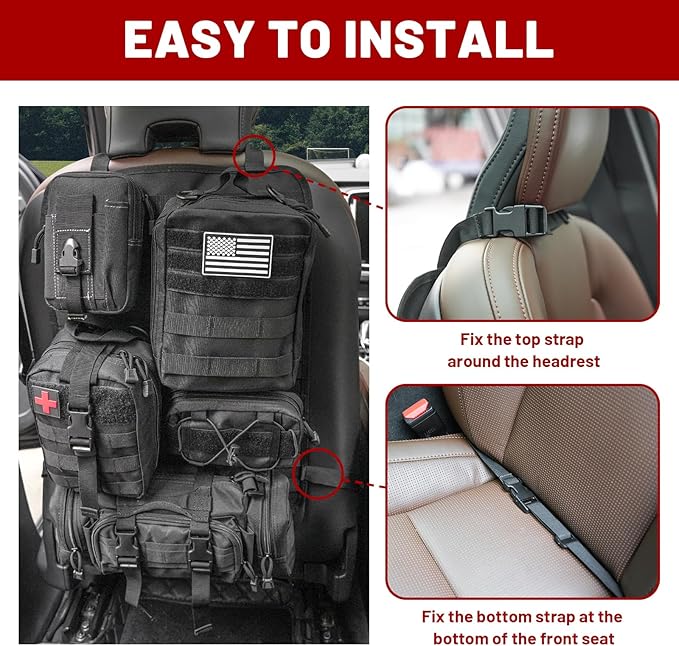 Z8 Tactical Car Seat Back Organizer with 5 Detachable Molle Pouches - Universal Fit for Most Vehicles