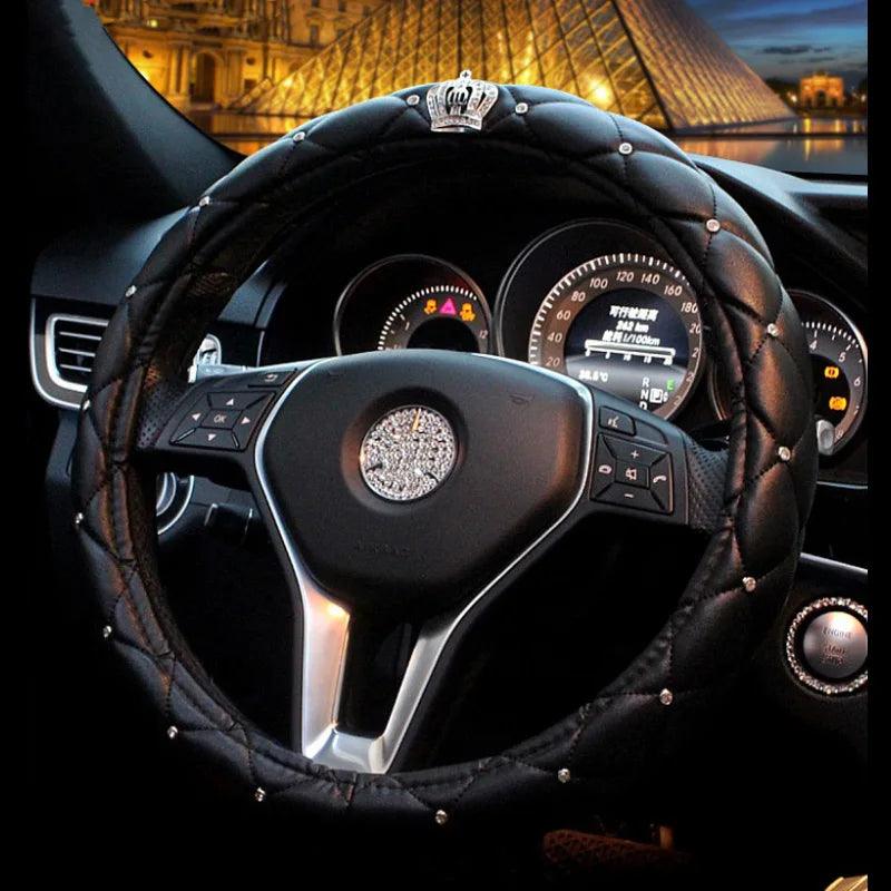 PU Leather Bling Rhinestone Crown Steering Wheel Cover - Black