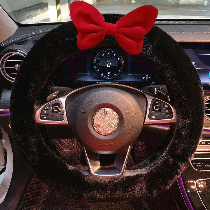Red Bow Plush Steering Wheel Cover